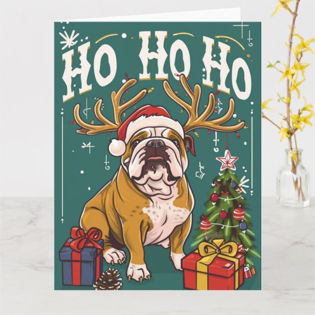 Ho Ho Ho English Bulldog Christmas Card (Yellow Flower)