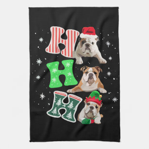 Ho Ho Ho English Bulldog Santa Reindeer Christmas Tea Towel