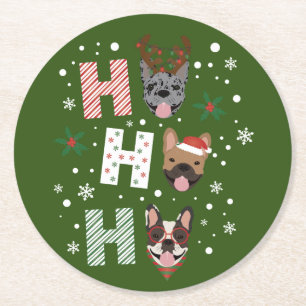 Ho Ho Ho French Bulldog Merry Christmas Round Paper Coaster