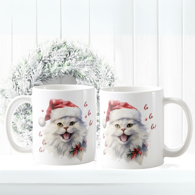 Ho Ho Ho! Funny Cat Santa Mug  (Funny Cute white cat with Santa Hat Mug)