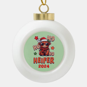 Ho Ho Ho Heifer Ceramic Ball Christmas Ornament