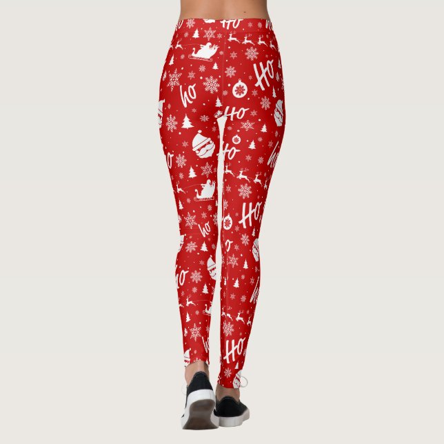 Ho Ho Ho Ho Red & White Christmas Pattern Leggings (Back)