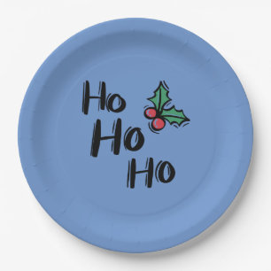 Ho Ho Ho Holly Berry Blue Elegant Christmas Paper Plate
