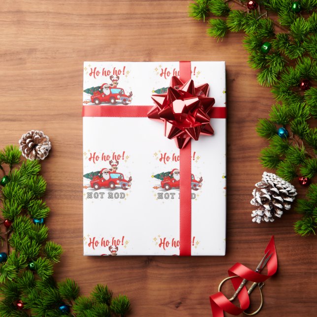 Ho ho ho Hot Rod Christmas Santa Reindeer Truck Wrapping Paper (Holiday Gift)