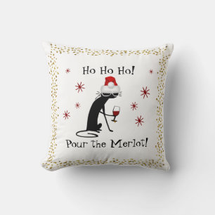 Ho Ho Ho Merlot Funny Cat Christmas Wine Quote Cushion