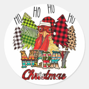 HO HO HO Merry Christmas Chicken Farmer Tree Plaid Classic Round Sticker