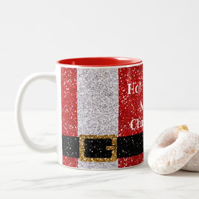 Ho Ho Ho Merry Christmas! Glittery Santa Suit Two-Tone Coffee Mug (With Donut)