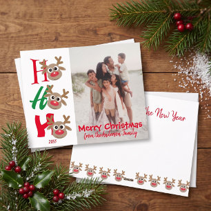 Ho Ho Ho Merry Christmas Reindeer Family Photo Holiday Card