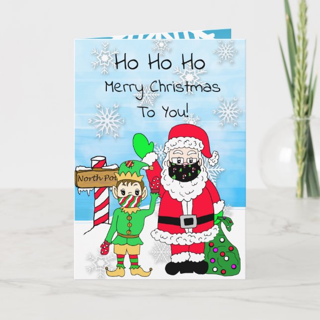 Ho Ho Ho Merry Christmas Santa and Elf in Facemask Card (Front)
