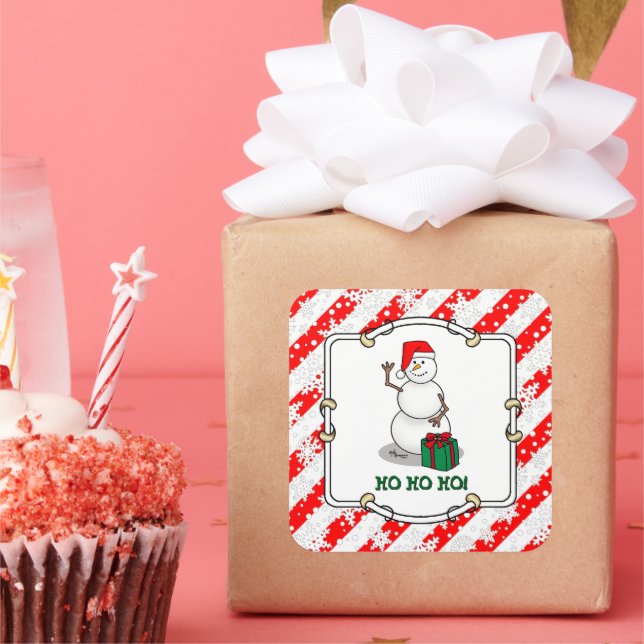 Ho Ho Ho Merry Christmas Santa Cute Snowman Square Sticker (Party)