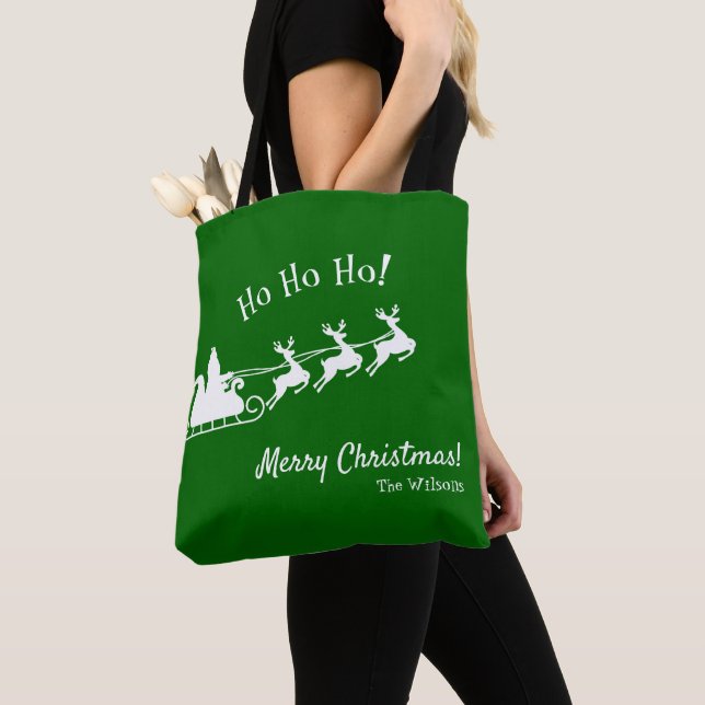Ho Ho Ho Merry Christmas with Santa, Green Tote Bag (Close Up)