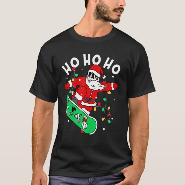 Ho Ho Ho Merry Christmas Xmas Lights Santa Skatebo T-Shirt (Front)