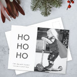 Ho Ho Ho | Minimalist Clean Simple Christmas Photo Holiday Postcard<br><div class="desc">Simple, stylish "Ho Ho Ho" photo holiday postcard in monochrome black & white with a modern minimalist typography in white which can be easily personalised with your own greeting, family name & year for a trendy festive season! The card shows an example image an adorable happy little boy riding a...</div>