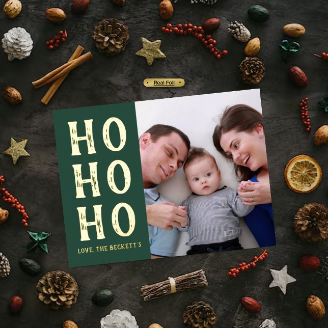 HO HO HO | Modern Typography Christmas Photo Real Foil Holiday Postcard (Creator Uploaded)