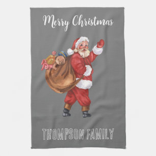Ho ho ho Monogrammed Lovely family name Santa Red Tea Towel