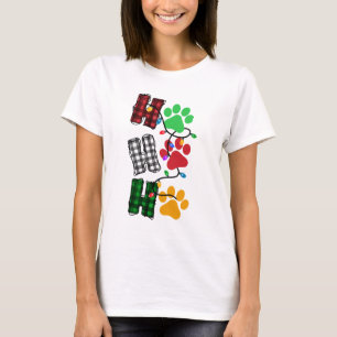 Ho Ho Ho Paw Prints Plaid Christmas Lights Dog T-Shirt