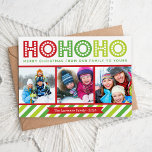 Ho Ho Ho Photo Collage Modern Holiday Card<br><div class="desc">Cute modern Christmas holiday photo card design features a photo collage with space for 3 of your family photos and colourful fun whimsical typography that reads Ho Ho Ho Merry Christmas from Our Family to Yours with a bold preppy striped border on the bottom. Personalise the design with your family's...</div>