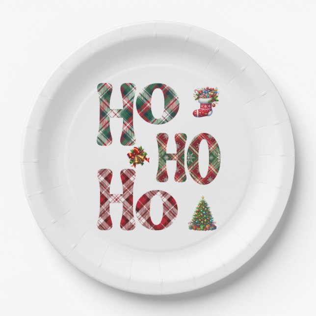 Ho Ho Ho Plaid Christmas  Paper Plate (Front)