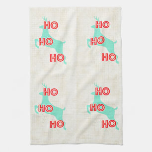 ho ho ho reindeer red blue christmas vintage tea towel