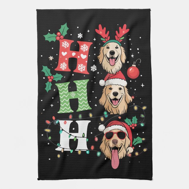 Ho Ho Ho Retrievers Golden Xmas Tea Towel (Vertical)
