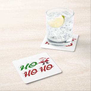 Ho Ho Ho Santa Claus Christmas red green script  Square Paper Coaster