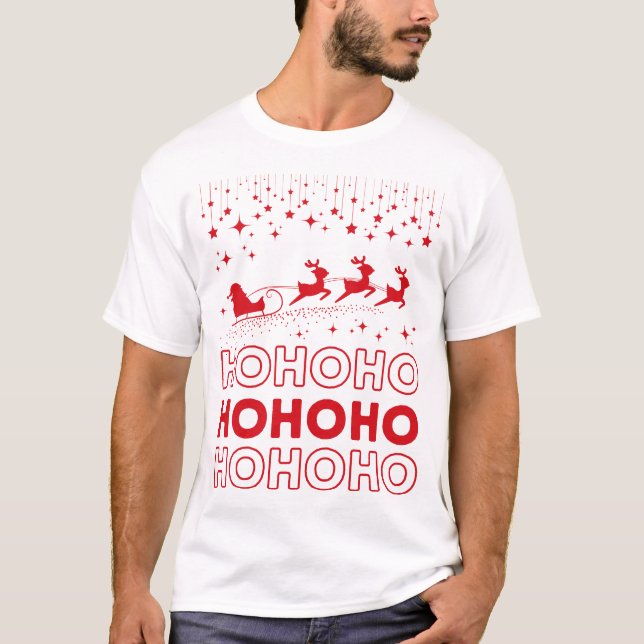 Ho Ho Ho Santa Claus Christmas Reindeers Sleigh T-Shirt (Front)