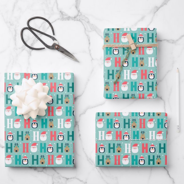 Ho Ho Ho Santa Claus & Friends Pattern Wrapping Paper Sheet (Front)