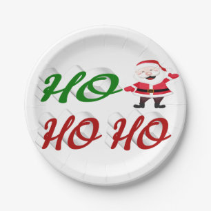 Ho Ho Ho Santa Claus red green script Christmas  Paper Plate