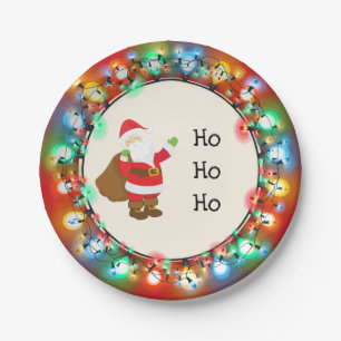 Ho Ho Ho Santa Claus with Christmas Lights Paper Plate