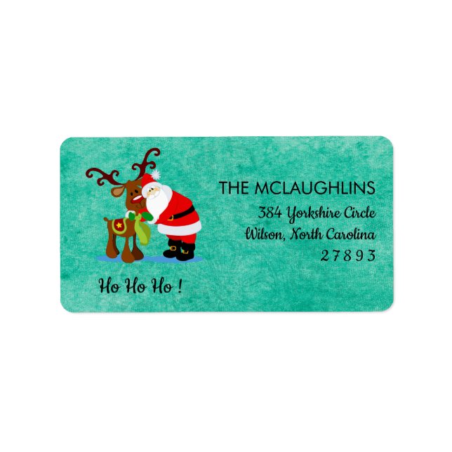 Ho Ho Ho Santa & Reindeer Turquoise Address Label (Front)