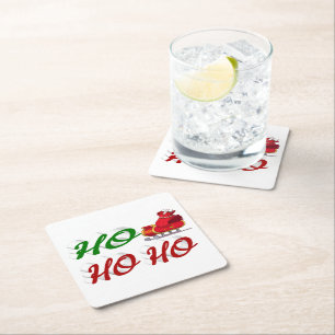 Ho Ho Ho Santa Sleigh Christmas red green script  Square Paper Coaster