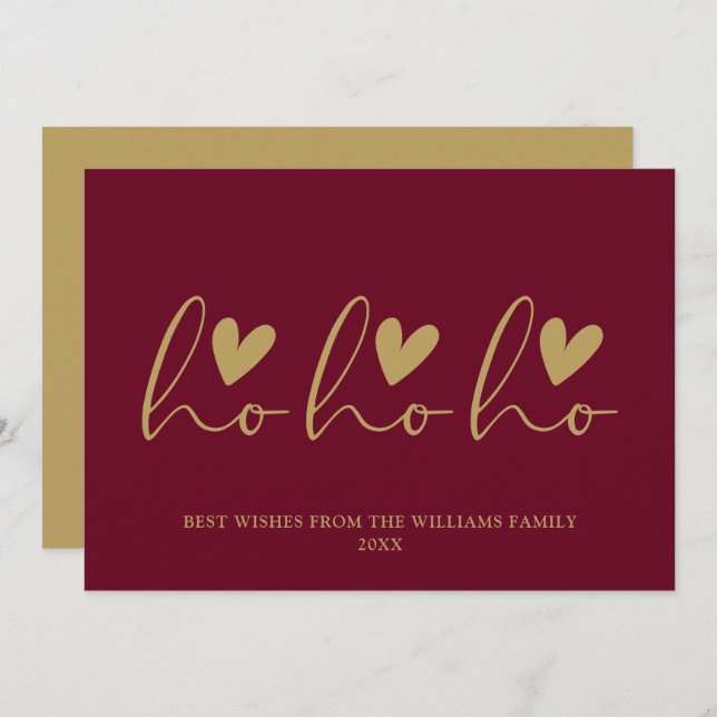 Ho Ho Ho Script Hearts Red And Gold Christmas Holiday Card (Front/Back)