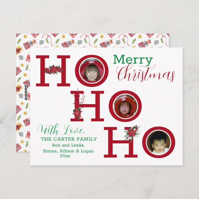 HO HO HO Three Photo Personalised  Holiday Card (Front/Back)