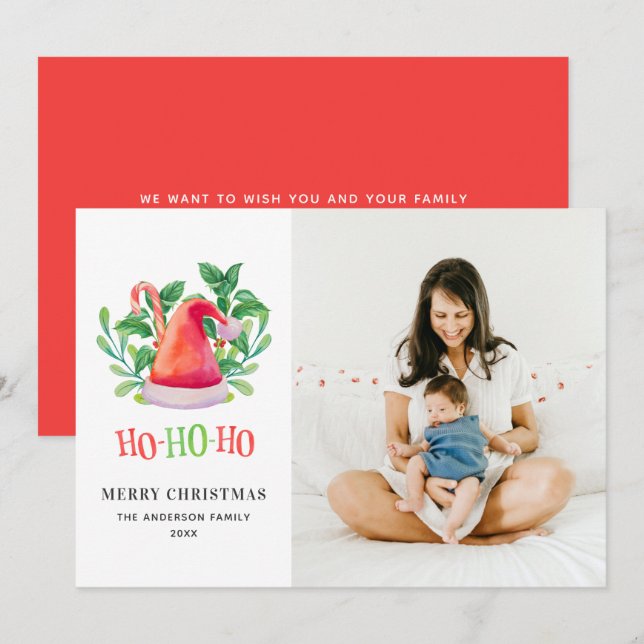Ho Ho Ho. Watercolor floral Christmas. Santa Claus Holiday Card (Front/Back)