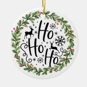 Ho Ho Ho Watercolor Wreath Ceramic Ornament