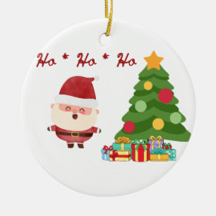 Ho, Ho, Ho with Santa and Tree on a  Ceramic Ornament
