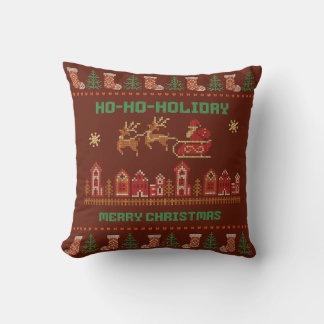 Ho-Ho-Holiday Knit Look Santa Sleigh Christmas Cushion