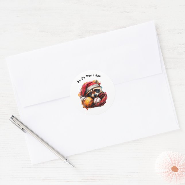 Ho-Ho-Home Run Raccoon Envelope Seals • 1.5″ Round (Envelope)