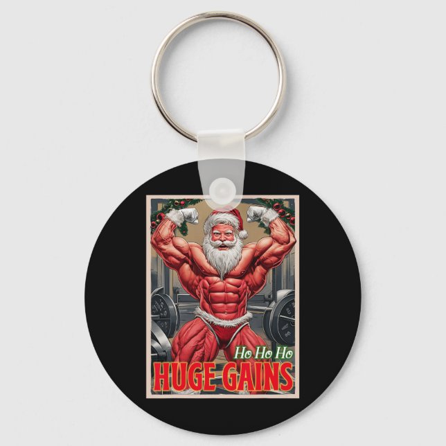 Ho Ho Huge Gains Pumping Bodybuilder Santa Christm Key Ring (Front)