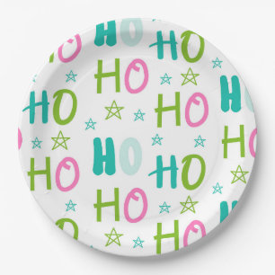 Ho Ho Pink Teal Stars Modern Christmas  Paper Plate