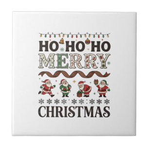 Ho Merry Christmas Santas Plaid Ribbon Ceramic Tile