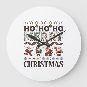 Ho Merry Christmas Santas Plaid Ribbon Large Clock