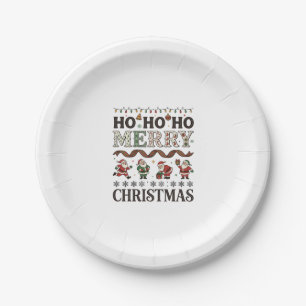 Ho Merry Christmas Santas Plaid Ribbon Paper Plate