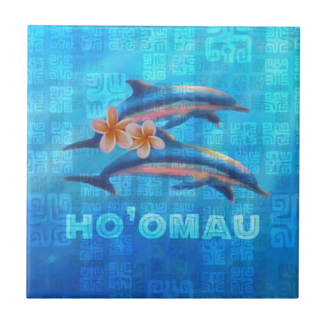 HO’OMAU Hawaiian Dolphins Primitive Collage Ceramic Tile (Front)