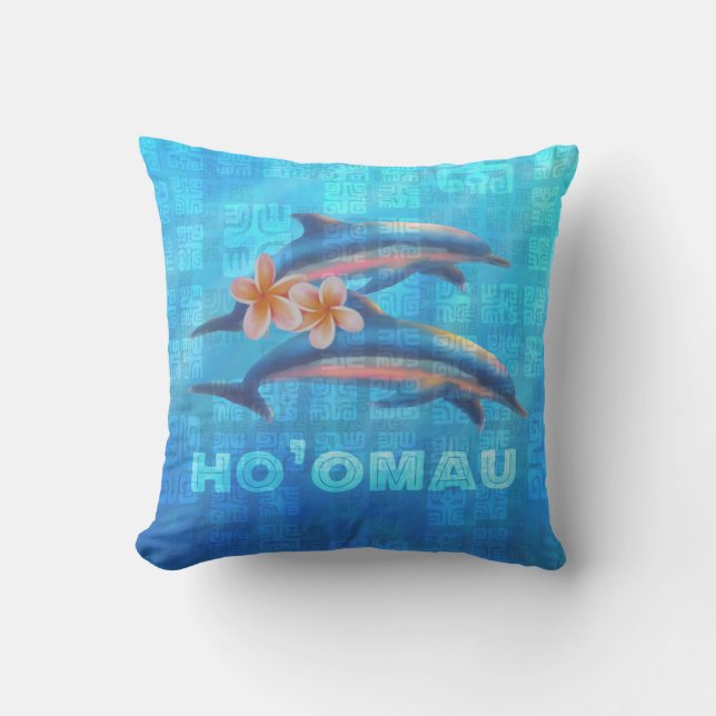 HO’OMAU Hawaiian Dolphins Primitive Collage Cushion (Front)