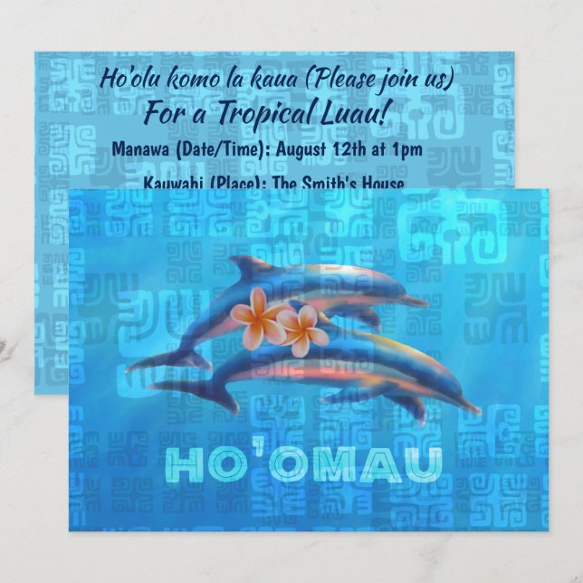 HO’OMAU Hawaiian Dolphins Primitive Collage Invitation (Front/Back)