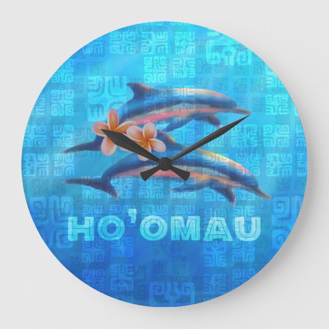 HO’OMAU Hawaiian Dolphins Primitive Collage Large Clock (Front)