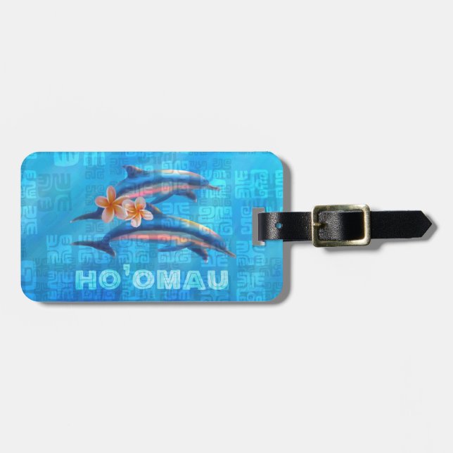 HO’OMAU Hawaiian Dolphins Primitive Collage Luggage Tag (Front Horizontal)