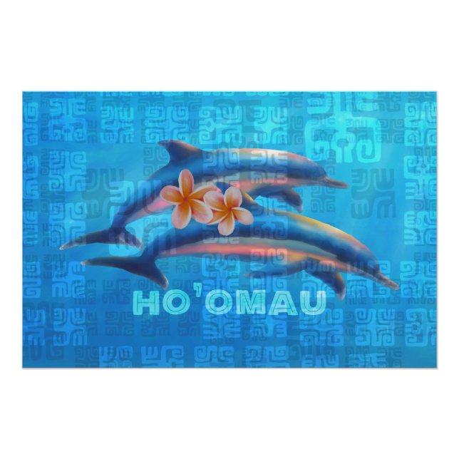 HO’OMAU Hawaiian Dolphins Primitive Collage Poster (Front)