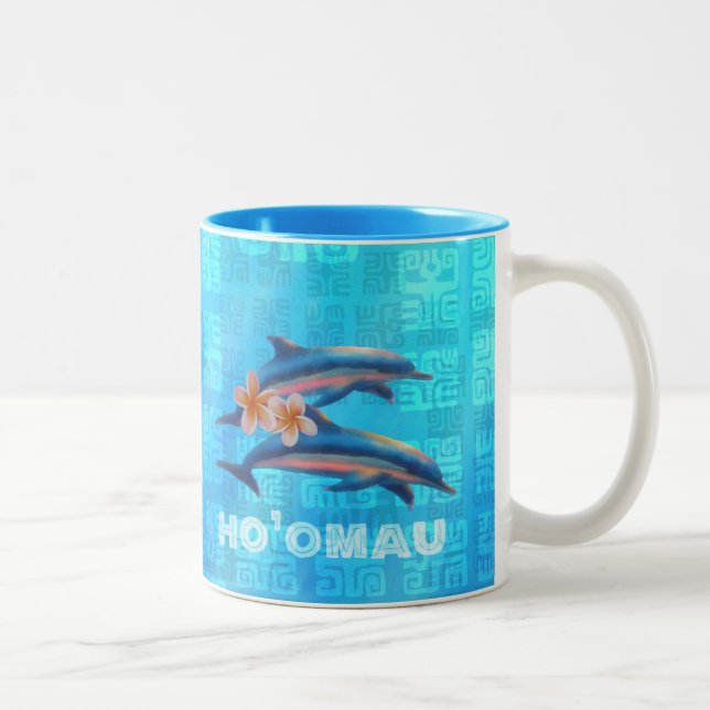 HO’OMAU Hawaiian Dolphins Primitive Collage Two-Tone Coffee Mug (Right)